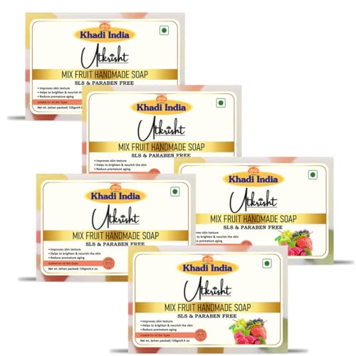 Image of Khadi Mix Fruit Handmade Bathing Soap Bar 125g (Pack of 5) | Natural & Herbal | Glowing & Brightening Skin | Deep Cleansing | For Breakouts & Clear Pores | All Skin Types | For Men & Women