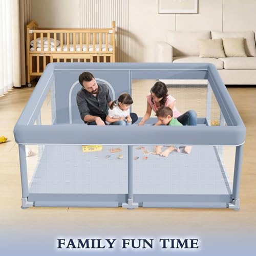 Image of XVISHX 50 x 50 Inch Baby Playpen, Playpen for Babies and Toddlers, Baby Play Pen Playard for Indoor & Outdoor Active Center Game Fence, with Skin-Friendly Fabric and Soft Breathable Mesh, Grey