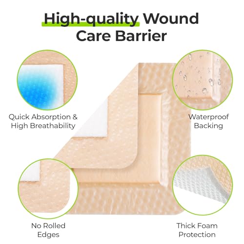 Image of AUVON Silicone Foam Dressing with Large Adhesive Border, 4 inch x 4 inch 22 Packs Wound Dressing Bandage with High Absorbency, Waterproof Silicone Foam Pads for Wound Care & Protection Plus Cushioning