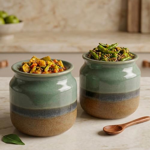 Image of The Earth Store Rustic Green Ceramic Jar Set of 2, 800ML Airtight Kitchen Storage Containers | Ceramic Jars for Spices, Sugar & Pickle Storage | Multipurpose Food Storage Containers for Kitchen