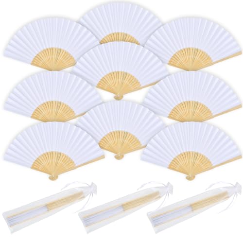 OctBird White Fan + Organza Bag Set 12 Pieces,Handheld Fan Folding,Paper Fan,Folding Hand Fan,Paper Fans Handheld,Wedding Fans for Guests,Wooden Fan,Fan Handheld Paper,Bamboo Fan,Bride Fan,Wedding Fan