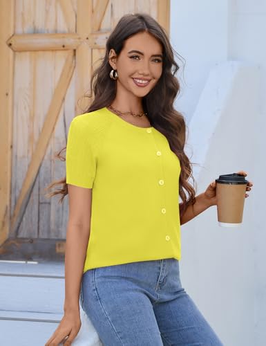 Image of FreshNight Women's 2025 Short Sleeve Cardigan Button Up Hollowed Out Crewneck Shrug Sweaters Knit Sweater Tops Lightweight
