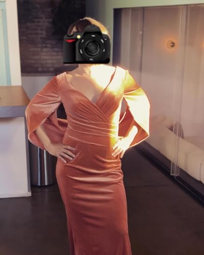 V-Neck Prom Dresses with Pleated Long Mermaid Half Sleeve Velvet Formal Dress for Wedding Zipper Back Closure4