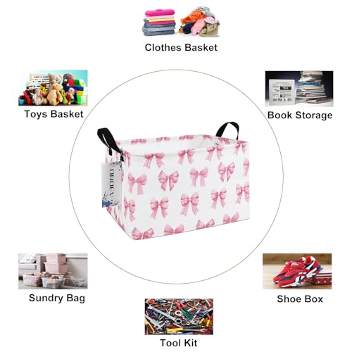 Image of Rectangular Pink Bow Closet Storage Bin, Foldable Clothes Organizer | Moisture-proof premium canvas, reinforced side grips, compact narrow rectangular bin for wardrobe, bedroom, hallway, bathroom