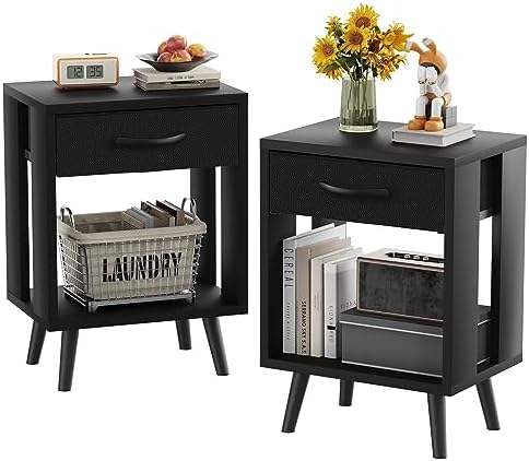 Nightstands Set of 2 with Black Fabric Storage Drawer and Open Wo...