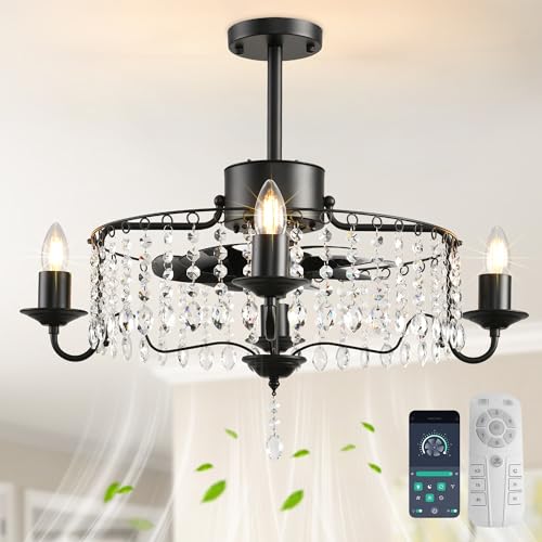 Ganeed Ventiladores de Techo Lámpara de Araña con Luces Lámpara Colgante de Cristal 50 cm Función de Temporización 6 Velocidades de Viento con Mando a Distancia Negro 4 Luces