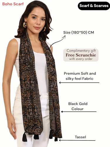 Image of KE KANHA EXPORT Women Scarf|Stole For Women|Scarf For Women Stylish|Stall For Women|Border Print Face Cover Head Wrap|Boho|Beach|Multicolor|180x50cm|Pack Of 1|FREE Scrunchie Included