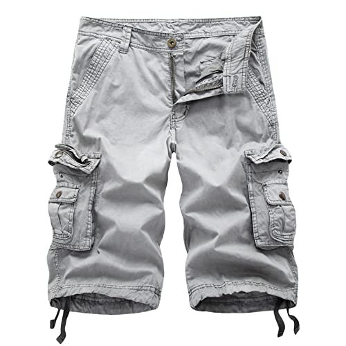 Maiyifu-GJ Men's Cotton Twill Multi Pockets Shorts Lightweight Relaxed Fit Cargo Short Casual Outdoor Military Short Pants (Grey,34)