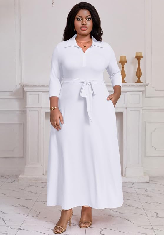 Maxi Dresses for Women Casual V Neck 3/4 Sleeve Long Church Dress Semi Formal Outfits with Pockets - Image 2