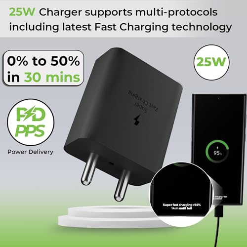 Image of UltraProlink 25W Fast Charger Adapter|Compatible with Samsung Galaxy S /A /M /F /Z Series S25 /S24 /S23 /S22 /S21 /21FE /S20 /M14 5G /M34 /M54 /M53 5g /M33 /M13 /A34 /A54 5G,F15|BIS Certified|Type C PPS PD 3.0|UM1347C
