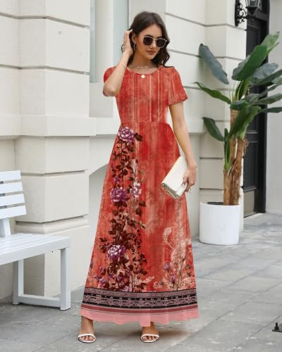 Image of COSSEN Women's Crew Neck Short Sleeve Maxi Dress with Pockets Casual Loose Swing for Wedding Guest Beach Vacation