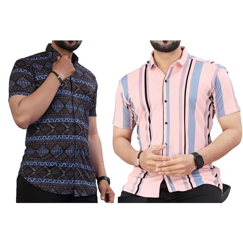 Image of LookMark Men's Trendy Lycra Blend Spread Collar Half Sleeve Printed Shirts - Elevate Your Style with Comfort and Versatility (Pack of 2)
