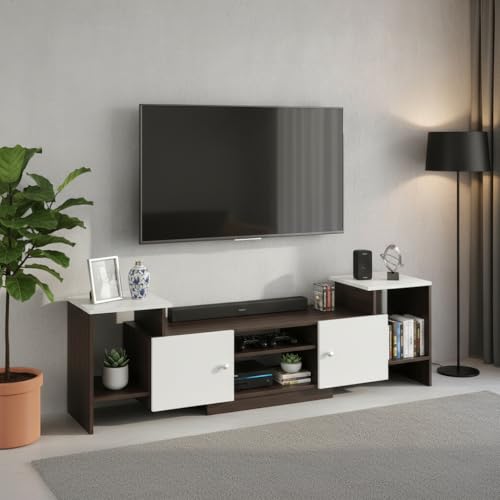 Image of FURNEASER Eptimal Modern Wooden TV Unit for Living Room | Engineered Wood Entertainment Center with Storage | TV Stand for 65 Inch TVs | TV Cabinet with Shelves & Doors | Wenge & White | 160 cm