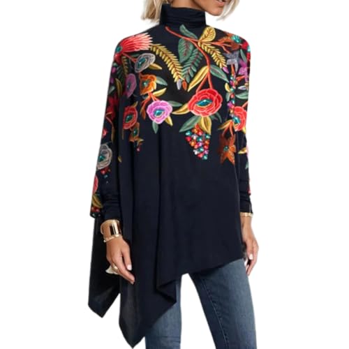 Akivide Women's Fall Boho Floral Mock Neck Asymmetrical Hem Long Sleeve Tunic Top Casual Loose Turtleneck Blouse Shirt