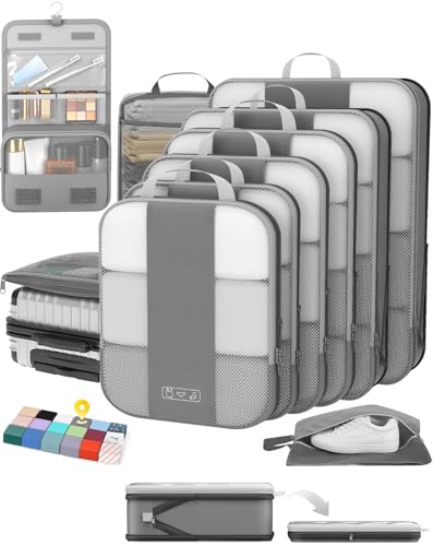 Image of 10 Set Compression Packing Cubes for Travel Essentials,Compressible Expandable Packing Cubes for Suitcase,OlarHike Luggage Organizer Bags for Travel,Handy Helper for Organizing Clothes(Gray)