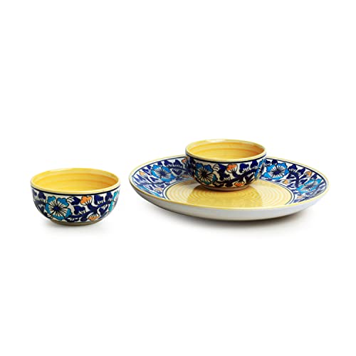 Image of ExclusiveLane 'Badamwari Bagheecha' Ceramic Dinner Plate and Bowl Set (3 Pieces, Serving for 1)|Ceramic Serving Bowls Ceramic Bowl Set Serving Bowl Set Ceramic Bowls Plate