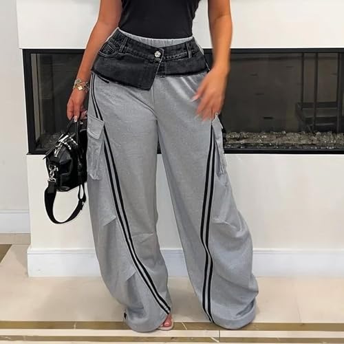 ThusFar Women High Waist Wide Leg Sweatpants with Patchwork Jean Straight Leg Striped Denim Pants Trendy Jean2