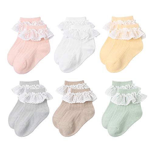 Image of VINIKNIKA 6 Pairs Baby Girls Socks - Newborn Ruffle Lace Princess Frilly Knit Cotton Socks