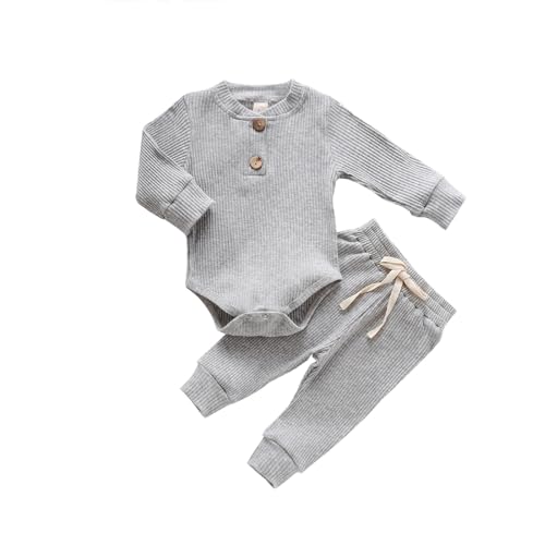 Image of Newborn Baby Boy Girl Clothes Ribbed Knitted Cotton Long Sleeve Romper Long Pants Solid Color Fall Winter Outfits
