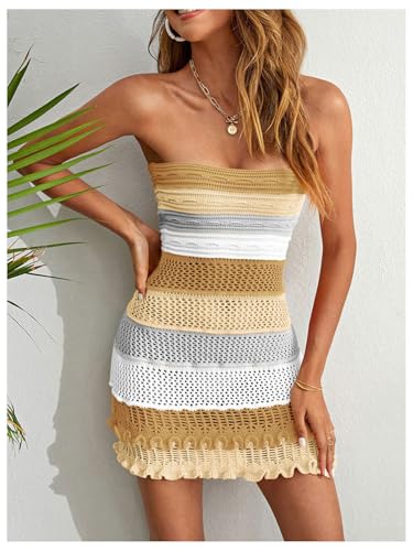 MakeMeChic Women's Strapless Crochet Cover Up Beachwear Colorblock Knit Tube Mini Dress3