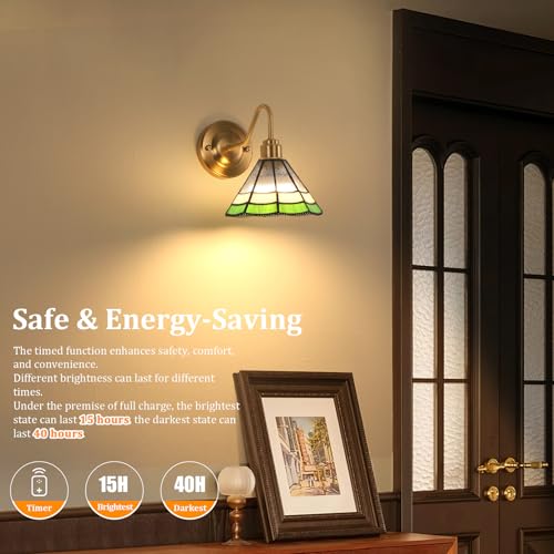 Image of Shenmoyl Vintage Battery Operated Wall Sconce with Remote, RGB LED Wall Lamp 12 Colors Dimmable, Brass Wall Lights Fixture for Bedroom Bathroom Living Room Hallway Green Multilayer Petal