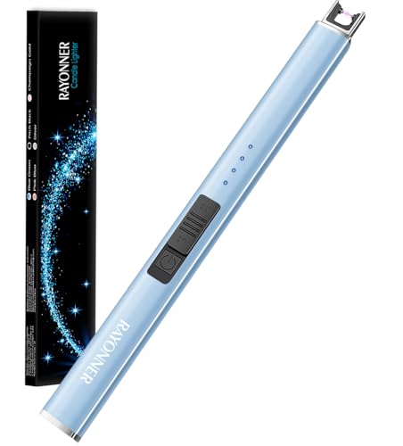 Electric Candle Lighter USB Rechargeable Plasma Arc Windproof Flameless with Safety Lock Ideal for Candle BBQ Camping Birthday Housewarming Gifts for Women & Men (Sierra Blue, 1 Count)