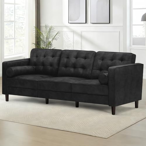 Image of 84 inch Suede Leather 3 Seater Sofa with Two Bolster Pillows, Tufted Sofa with Wooden Legs, Mordern Couch for Living Room, Office, Apartment, Black