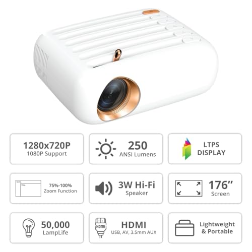 Image of WZATCO Pixel | Portable LED Projector, USB, HDMI | Native 720p Full HD 1080P Support | LTPS Technology | Best in Segment | 250 ANSI | 176 inch Max Screen Size | Compatible with 4K TV Stick, PC, White