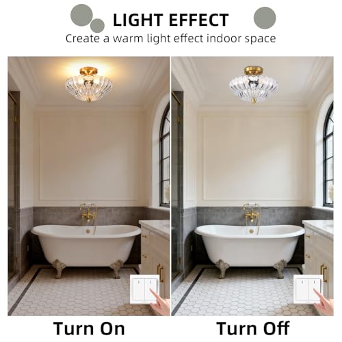 Image of Semi Flush Mount Ceiling Light, 11.8 Inch Gold Vintage Hallway Light Fixture with Transparent Glass, Close to Ceiling Light for Bedroom Kitchen Living Room Bathroom Foyer, E26 Base