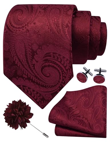 Image of GUSLESON Paisley Tie Set for Men 3.15 inch Necktie Lapel Pin Hankerchief Cufflinks Set for Men