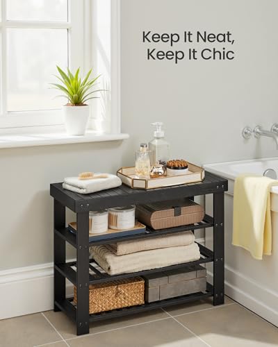 Image of SONGMICS Shoe Rack Bench, 4 Tier Bamboo Shoe Storage Organizer, Entryway Bench, for Living Room, Bathroom, Bedroom, 11.3 x 27.6 x 20.5 Inches, Ink Black ULBS370BH01
