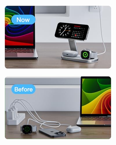Image of Keepro 3-in-1 Charging Station for Apple Device, Foldable Magnetic Wireless Fast Charger Stand Compatible with MagSafe for iPhone 17e /17 /16 /15 /14 /13 /12 /Air Series, Apple Watch & AirPods-White
