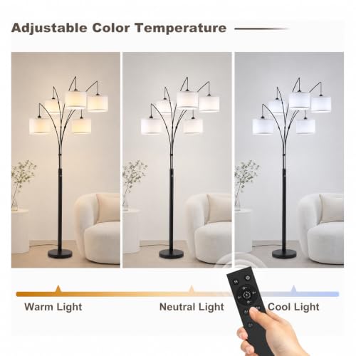 Image of Floor Lamps for Living Room, 4000LM Super Bright Arc Floor Lamp with Remote Control, 5 Light Tall Floor Lamps with Stepless Dimmable, 83 inch Mid Century Tree Floor Lamp for Bedroom, Office