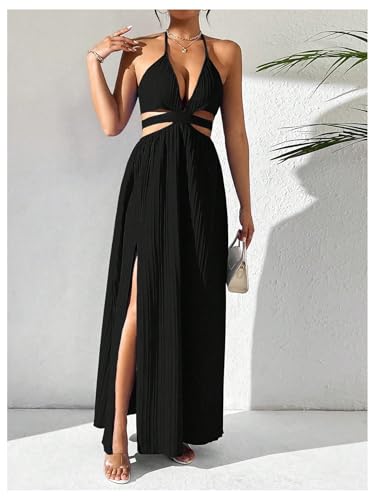 Image of SHENHE Women's Sexy Cut Out Tie Backless Halter Deep V Split Thigh Party Night Maxi Dress