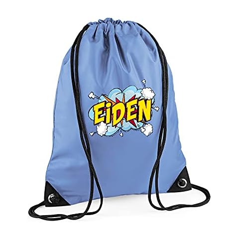Personalised with Any Name Comic Pop Art Themed Gift for Children, Kids, Girls/Boys, Back to School, Premium Drawstring Bag, PE Gym Kit School, Swimming, PE Kids Sport Rucksack. (Laser Blue) Cover