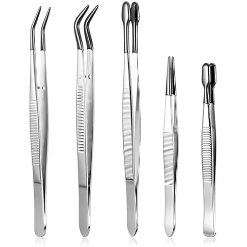 5 Pcs Rubber Tipped Tweezers, Jewelry Tweezers Silicone Tweezer for Entomology Taxidermy Stamp Coins Jewelry Crafts, Electronics Silver Black