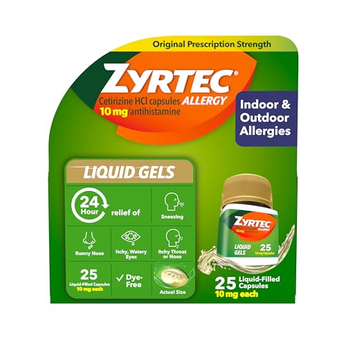 Zyrtec 24 Hour Allergy Relief Liquid Gels Antihistamine Capsules with Cetirizine HCl Allergy Medicine for All-Day Relief from Runny Nose Sneezing Itchy Eyes & More 25 Count