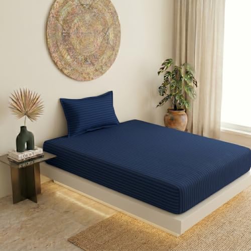 Image of Filymore Double Bedsheet for Double Bed | Navy Blue Stripe Bedsheet | 240 TC Soft Microfiber Bed Sheet with 2 Pillow Covers | Striped Bedding Set, Breathable, Wrinkle & Fade Resistant | 90 x 95 Inches