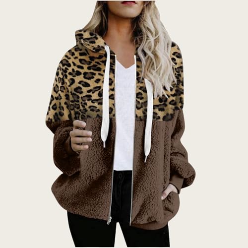 Women Casual Double Fuzzy Sweatshirt Faux Fleece Zip Pullover Hoodies Coat Outwear Leopard Sherpa Pockets Hoodie2