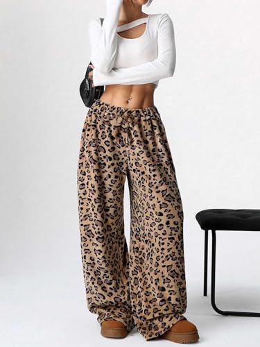 Women Leopard Print Fuzzy Pajama Pants Casual Cozy Drawstring Wide Leg Pants2