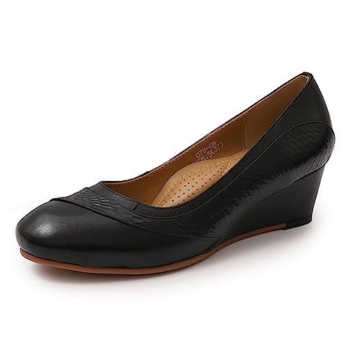 Image of Mona flying Women's Leather Closed Toe Mid Heel Wedges Comfy Dress Pumps