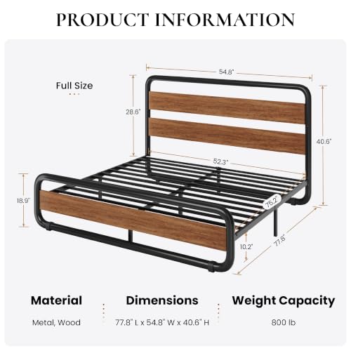 Image of SHA CERLIN Full Size Metal Bed Frame with Wooden Headboard, Walnut