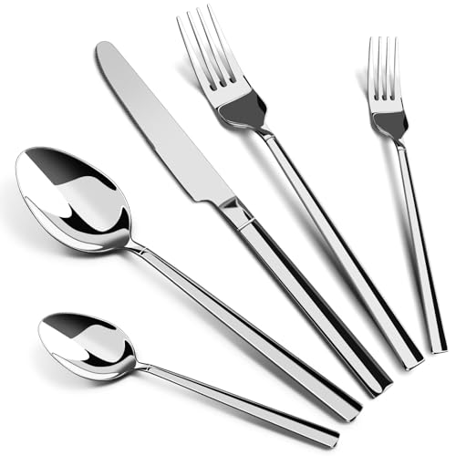 Boryenty 5-Piece 18/8 Stainless Steel Silverware Set with Steak Knife, Heavy Duty Flatware Cutlery Set for 1, Mirror Polished Kitchen Utensil Set for Home, Dorm, Camping, Dishwasher Safe