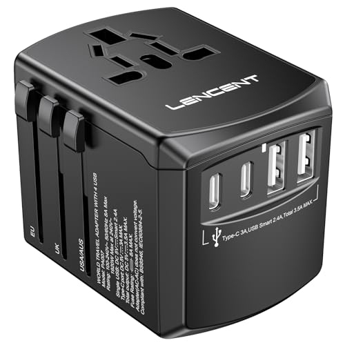 LENCENT Universal Travel Adapter, International Charger with 3 USB Ports and Type-C PD Fast Charging Adaptor for iPhone, Tablet, Gopro. for Over 200 Countries Type A/C/G/I (USA, Japan, UK, EU, AUS)