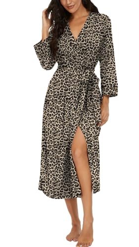 Image of VINTATRE Robes for Women Long Knit Bathrobe XS-4XL | 3 /4 Sleeve Bathrobes with Pockets, Stretchy and Lightweight Fabric, Inner Tie and Fixed Outer Belt, Mid Calf Length
