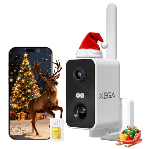 Xega 4G LTE Portatile Telecamera con SIM Scheda,10000mAh Batteria Videocamera Sorveglianza Senza Wi-Fi,180°Pan,PIR Rilevamento Umano,2K Visione Notturna a Colori,Audio Bidirezionale,TF/Cloud IP66