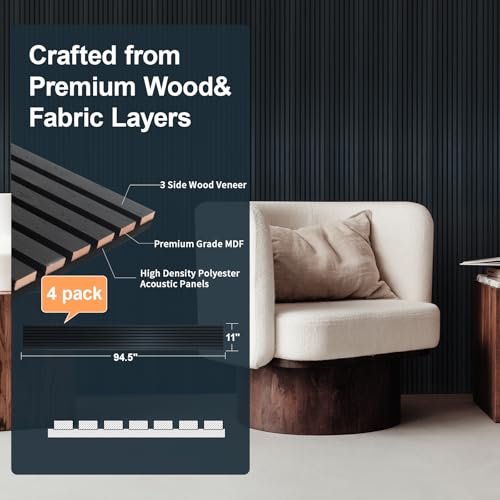 Image of NeatiEase Wood Panels for Wall, 4-Piece 94.5 inch x 11 inch Soundproof Wood Slat Wall Panel for Interior Wall Decor Noise Cancelling, Acoustic Wall Panels, Sound Absorbing Panel (Black)