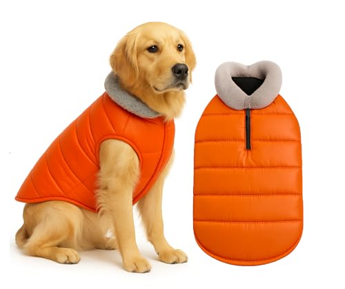 Image of The Pets Company Dog Winter Coat Jacket, Clothes, Windproof, Waterproof, Light Weight, Washable, Ultra Warm Thick Fleece Lined Dog Vest for Cold Weather Protection, (Orange, Large - 26 Inch)