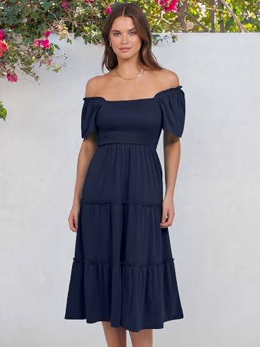 ANRABESS Women Summer Casual Square Neck Flutter Sleeve Boho Smocked A-Line Flowy Tiered Modest Midi Sun Dress with Pockets2