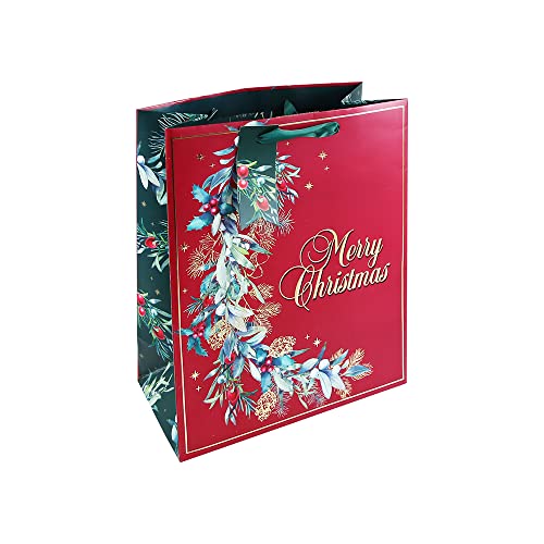 【クリスマスペーパーバッグ】 クレールフォンテーヌ(Clairefontaine) フォーリッジ レッド Sサイズ(21.5×25.3×10.2cm)ミニタグ付き 箔押しcfX-31724-3